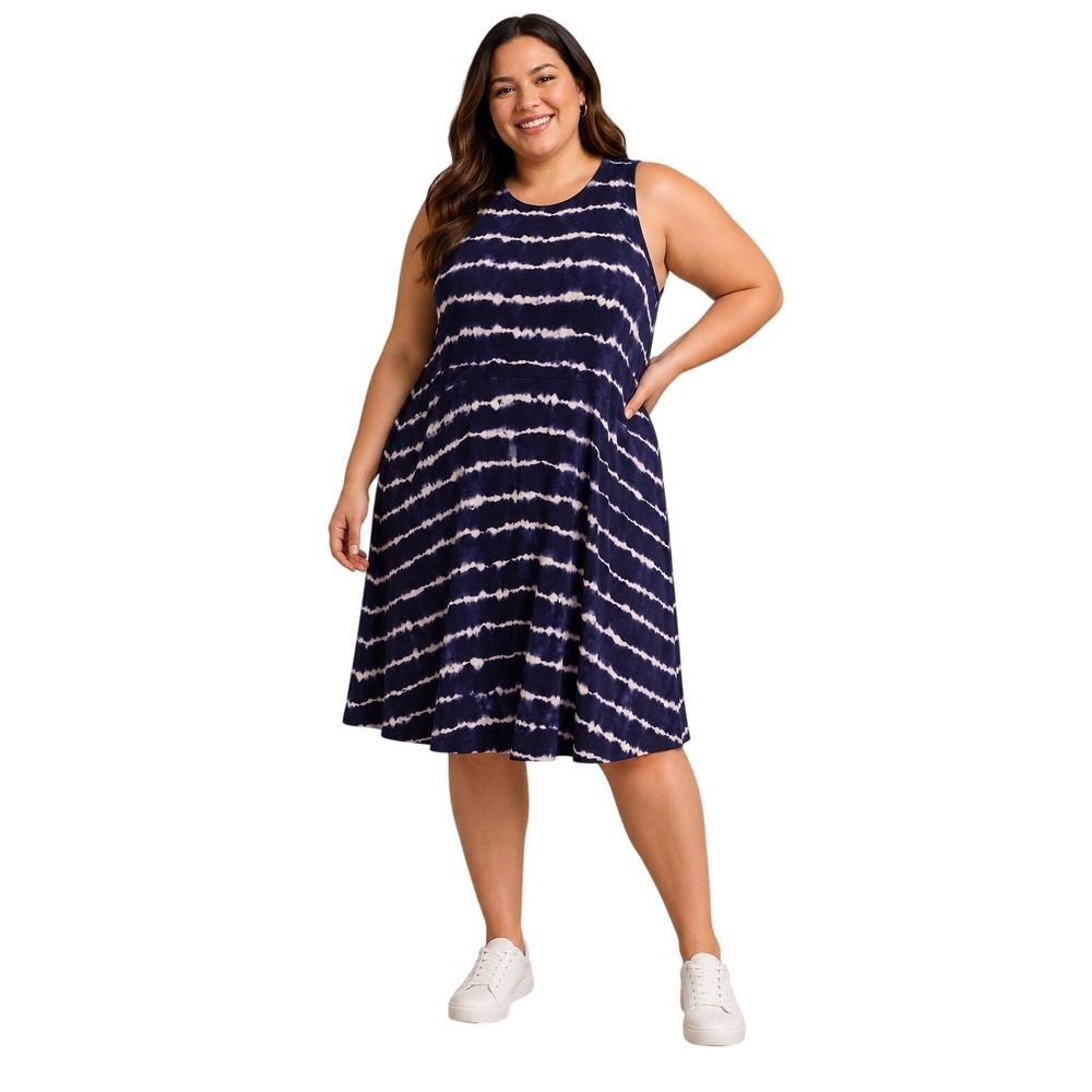 Athleta 1X Navy Blue White Tie Dye Stripe Santorini Thera Dress Coastal Summer